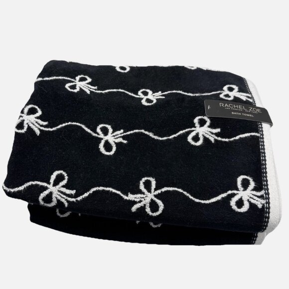 4pc Rachel Zoe Black White Trailing Ribbon Bows 2 Bath 2 Hand Towel Set NEW - Picture 5 of 8